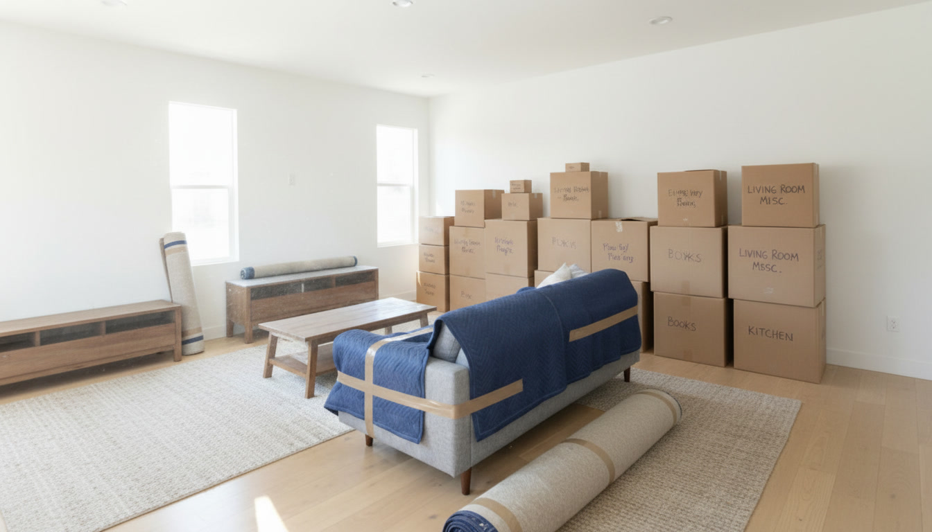 Nachher: sauber verpacktes Sofa und ordentlich gestapelte Kartons, bereit für den Umzug