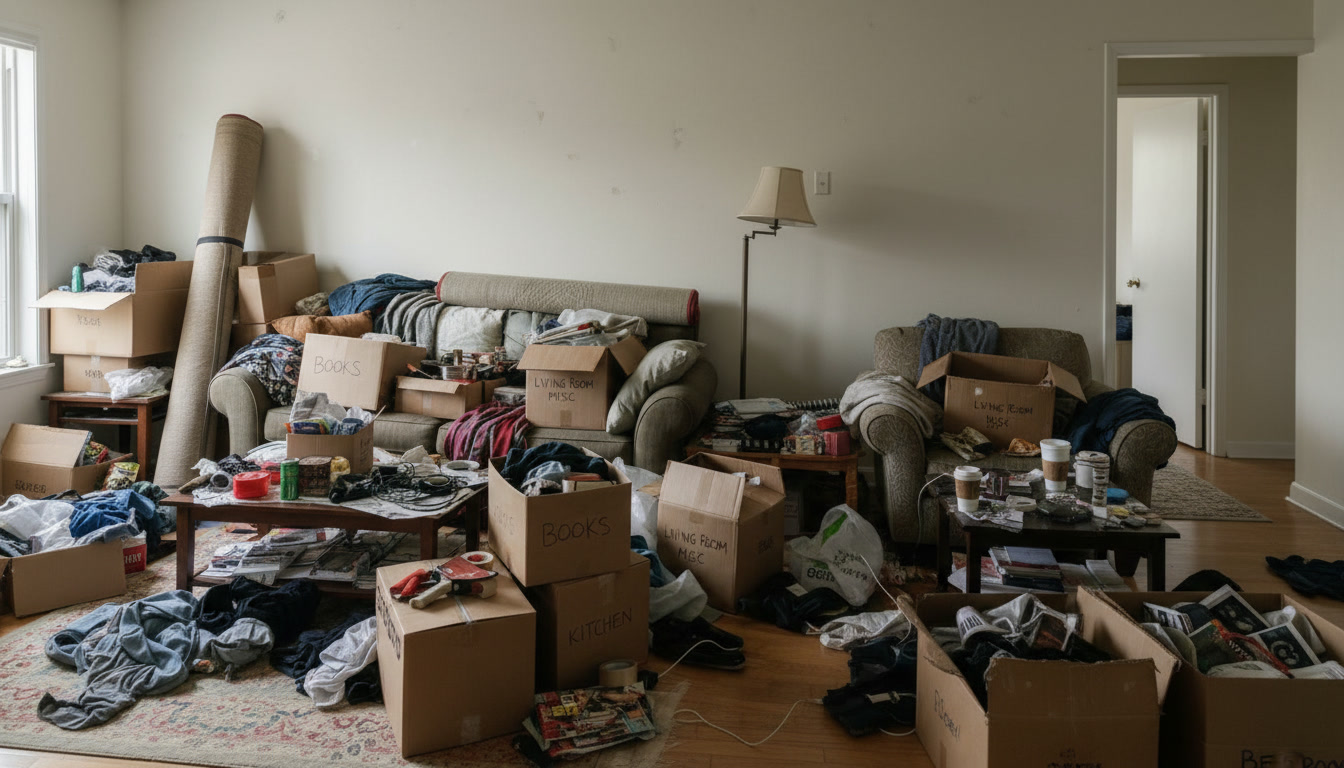 Vorher: Zimmer voller Umzugskartons, Möbel und Chaos
